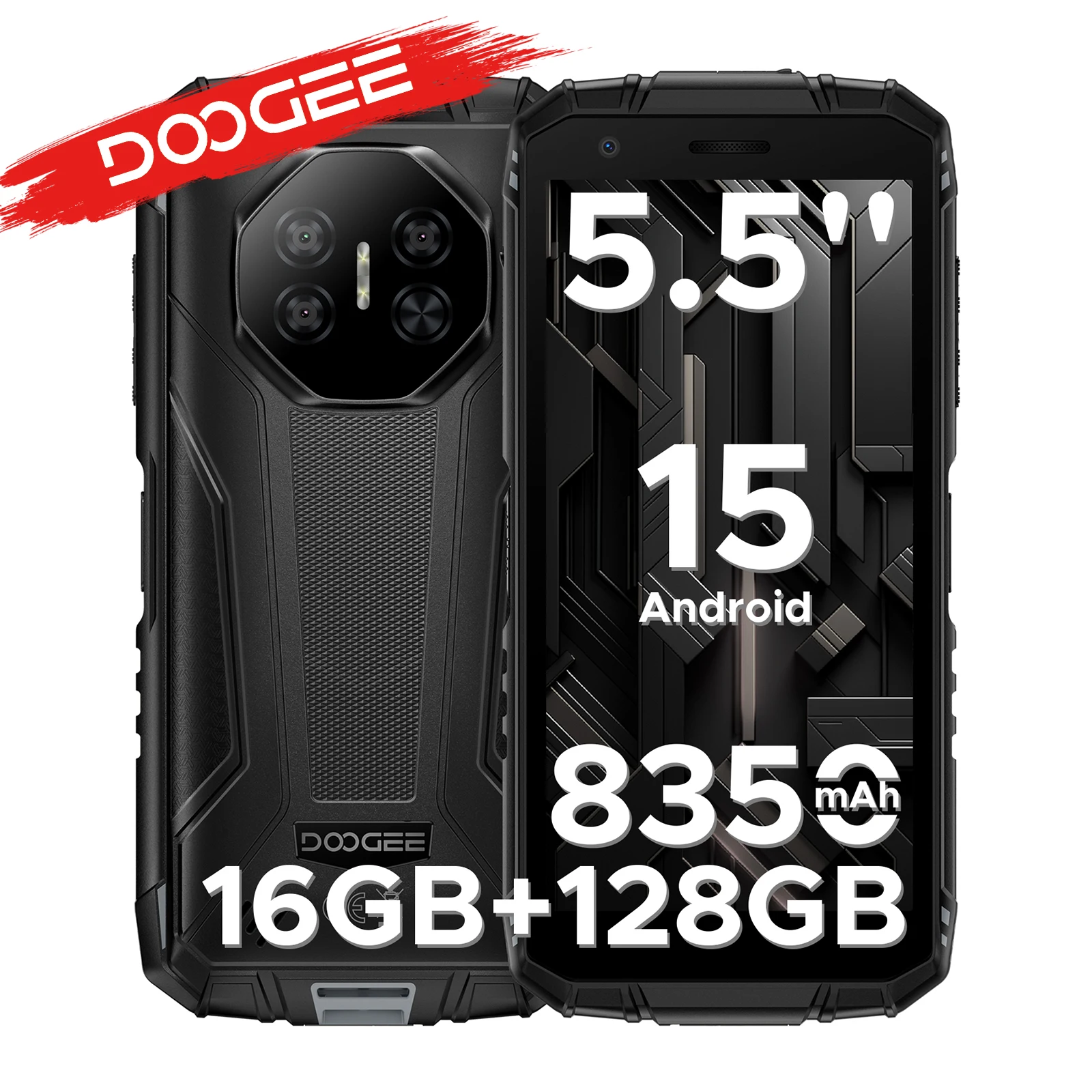 Robustes Smartphone DOOGEE Fire 3 Pro "Gemini AI, Akku 8350 mAh, 16 GB (4 12), 128 Go, Ladeanschluss Widevine L1