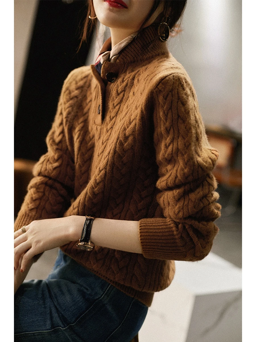 Knitted Pullover Top Sweater, Stand-up Collar, Half-Open Lapel, Twisted Twist Texture, Pure Cashmere, Baseball, Elegant