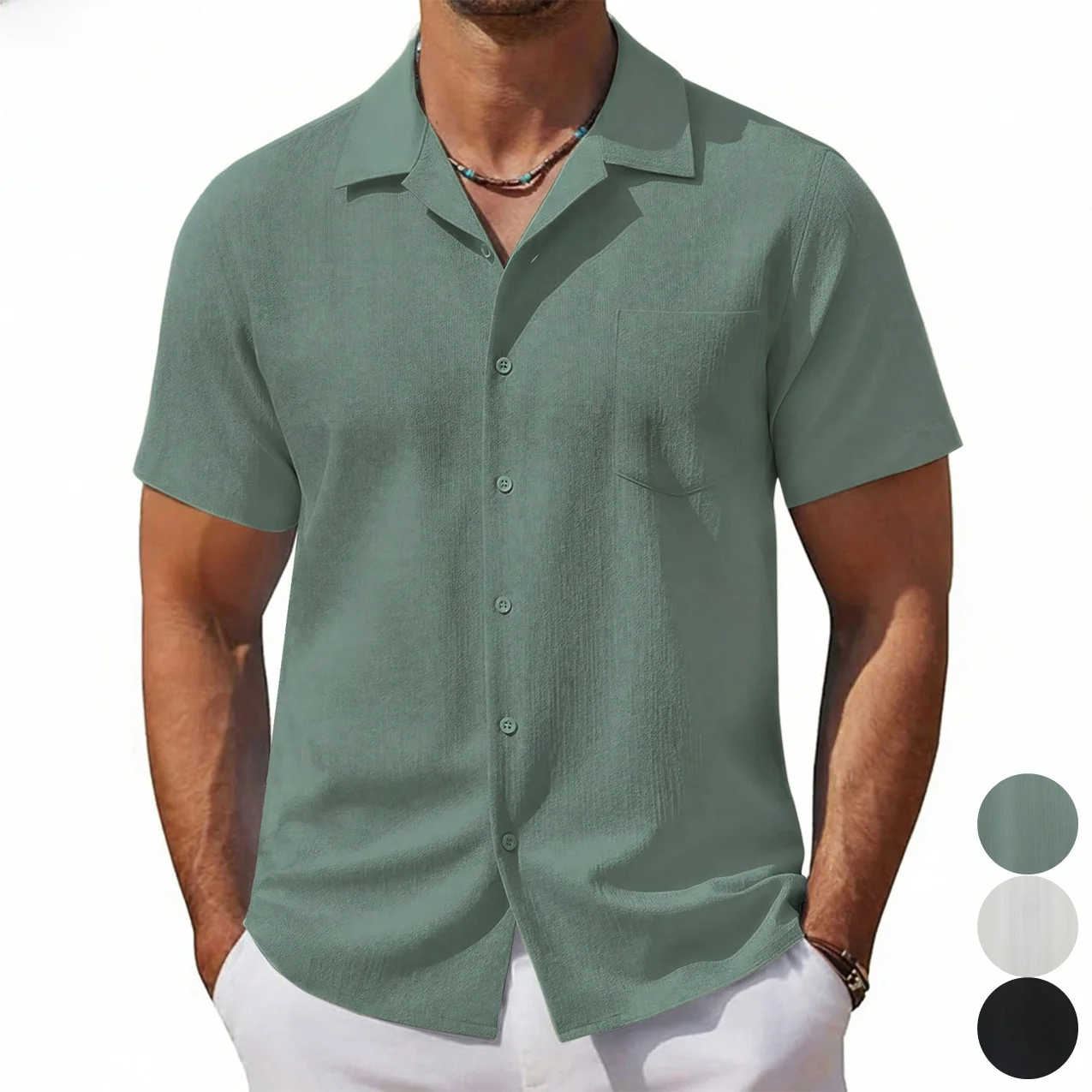 

Мужская рубашка с кубинским воротником и коротким рукавом, повседневная, однотонная, в отпускном стиле, приталенная, модная, на пуговицах