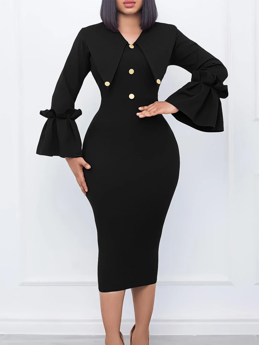 AOMEI Elegant Long Sleeve Dresses Women Bodycon V Neck Button Flare Vintage Royal Blue Black White Claret Office Lady Work Wear