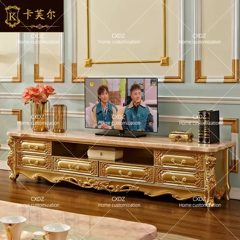 European marble coffee table, small apartment living room square solid wood coffee table TV cabinet sofa 123 combination