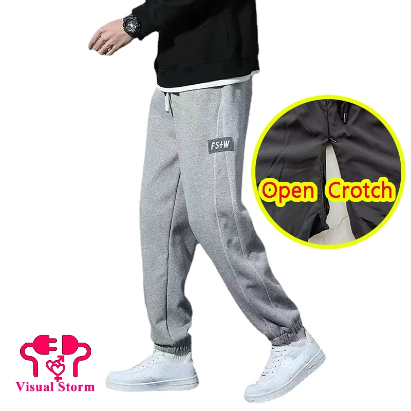 

Men's Open Crotch Pants Sexy Hidden Zipper Wide Leg Panties Crotchless Casual Streetwear Fitness Gay Outdoor Sex Erotic Trouser