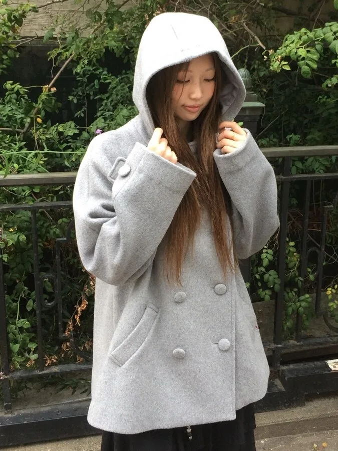 Korean Style Women's Woolen Coat Double Breasted Hooded Mid-Length Wide Fit Winter Jacket College Fashion Street Style