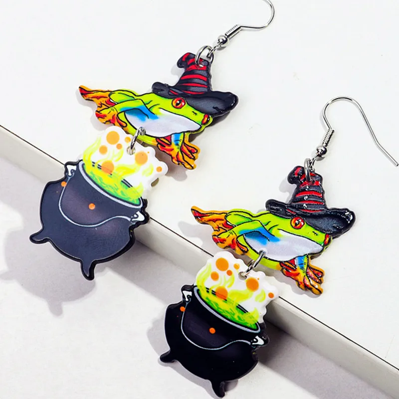 Funny Magic Frog Boiler Acrylic Halloween Earrrings for Women Girls New Cute Hallowmas Long Dangle Earring Party Jewelry Gifts