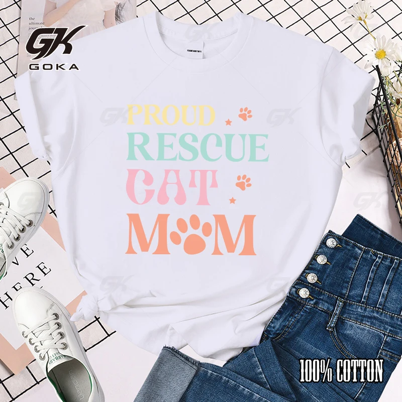 Fashion Funny Proud Rescue Cat Mom Printed T-Shirts Women Summer Casual Short Sleeve T-Shirts Round Neck Tops