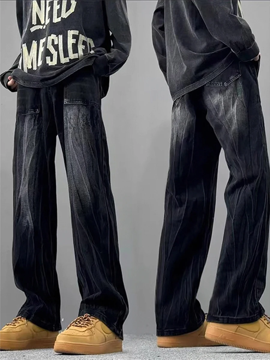 

Мужские джинсы Waed Lightning Pattern с высокой талией, на флисовой подкладке, микро-клеш, прямые брюки, уличный стиль, зимняя мода