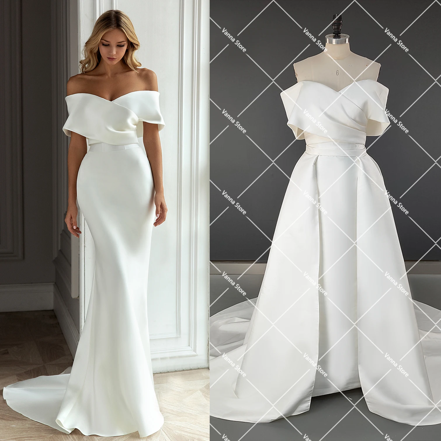 Off Shoulder V Neck Satin Mermaid Wedding Dress Long Detachable Train Fallen Sleeves Real Photos Crepe Bridal Gown Plus Size