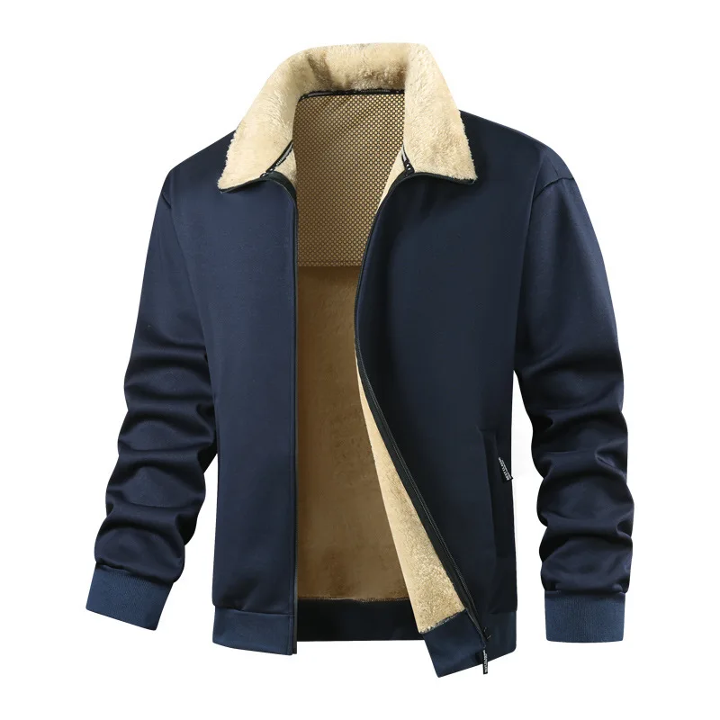 

Autumn Winter Men Jacket New Contrast Color Turn Down Collar Male Plush Coat Fleece Long Sleeve Zipper Sport Daily Man Coat