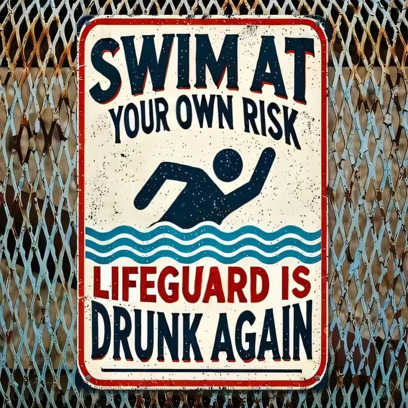 Vintage Drunk Lifeguard Swim Warning Metal Tin Sign - Humorous Pool/Beach Wall Decor, Iron, Retro 2D Printed, for Bars, Poolside