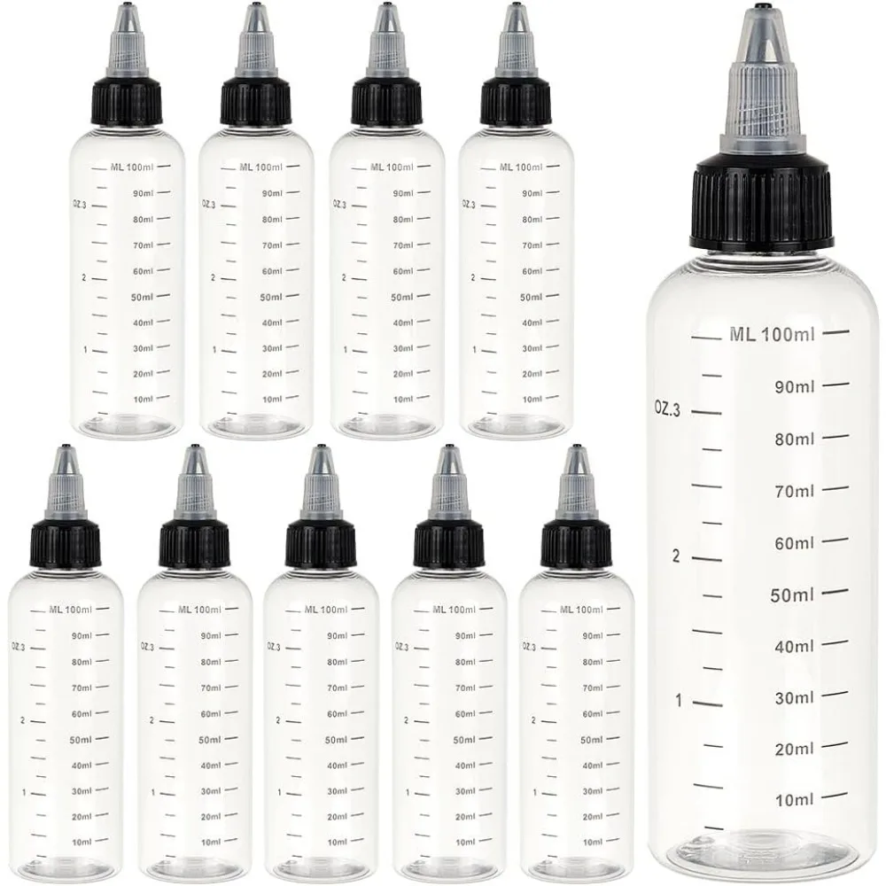 10PCS 100ml/3.38 oz Transparent Plastic Squeeze Bottles with Scale and Black Twist Cap Graduated Squeeze Dispensing Bottles