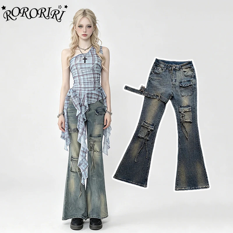 

RORORIRI Distressed Women Flare Jeans Retro Trendy Low Waist Belt Multi-pocket Slim Stretchy Cargo Bell Bottoms Y2K Streetwear