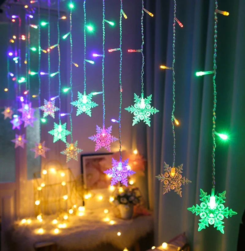 2024 luzes de natal led floco de neve guirlanda cortina luzes da corda de fadas para casa quarto festa de casamento feriado decoração de ano novo