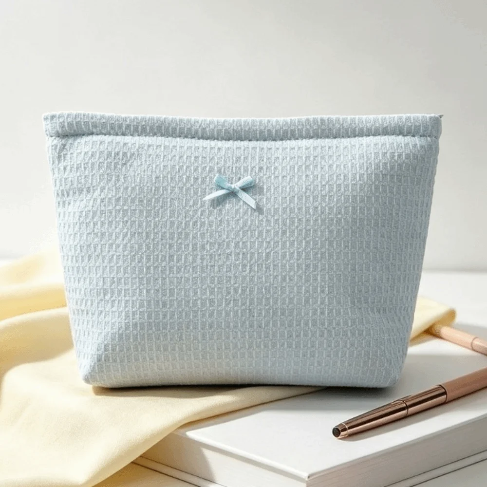 Cute Bow Decor Waffle Knit Makeup Bag Zipper Lightweight Cosmetic Bag Portable Polyester Toiletry Organizer Travel