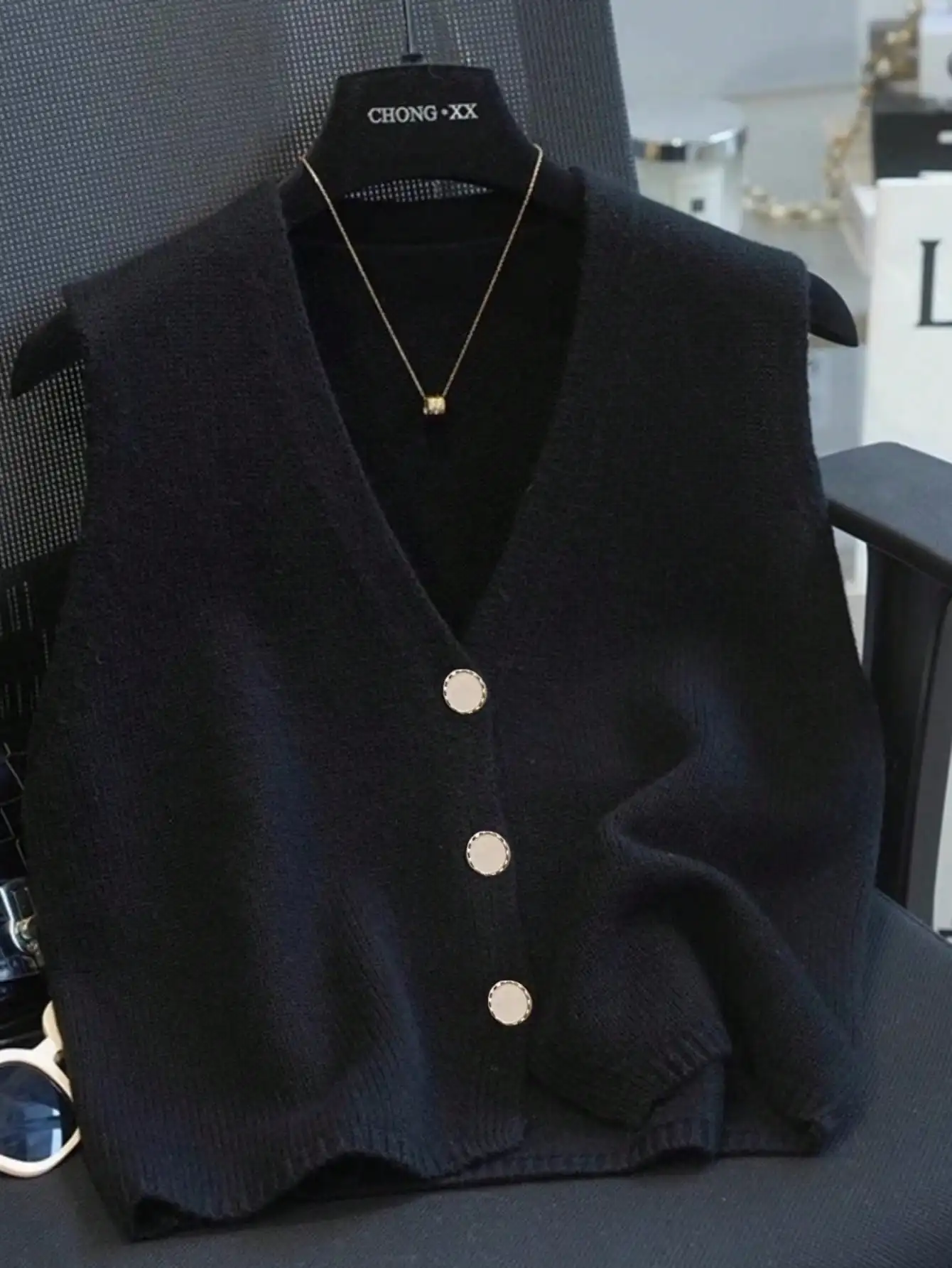 Cream V-Neck Knit Sleeveless Cardigan Vest with Button Closure