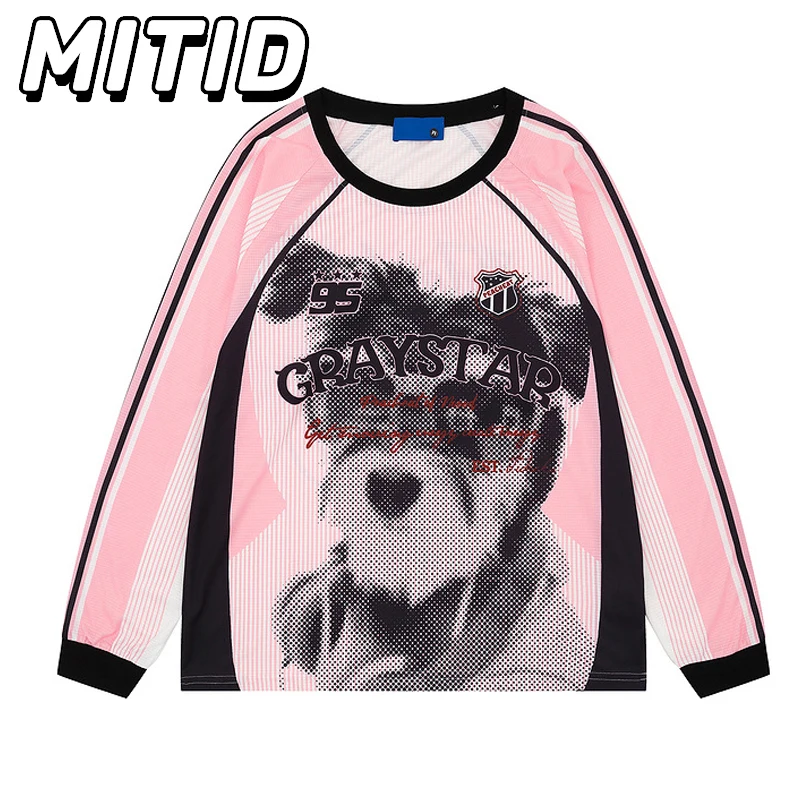 Spring Autumn Long Sleeve T Shirt Men Cartoon Dog Printed Round Neck Sweatshirt Women Side Striped Long Sleeve Pink Tees