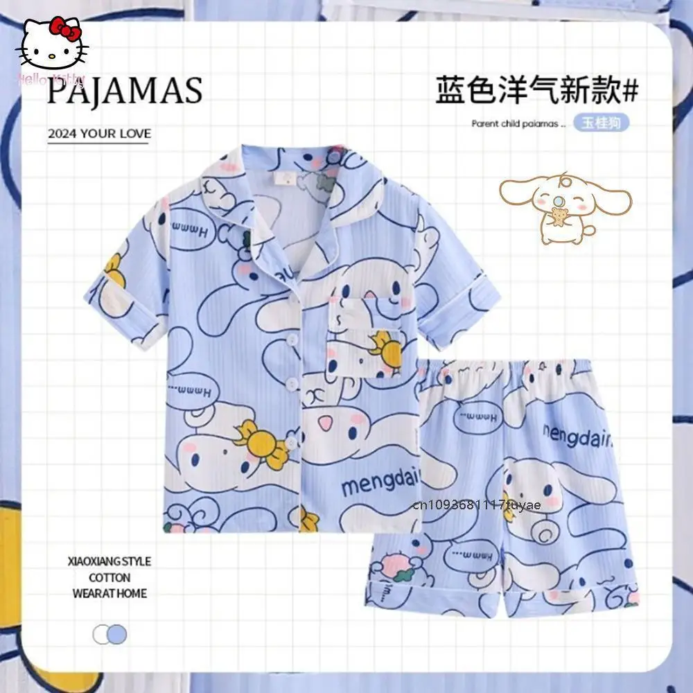 

Kawaii Hello Kitty Children Pajama Sets Kuromi Cinnamoroll Cartoon Anime Sanrio Cotton Short Sleeve T-Shirt Tops Pants Pijamas