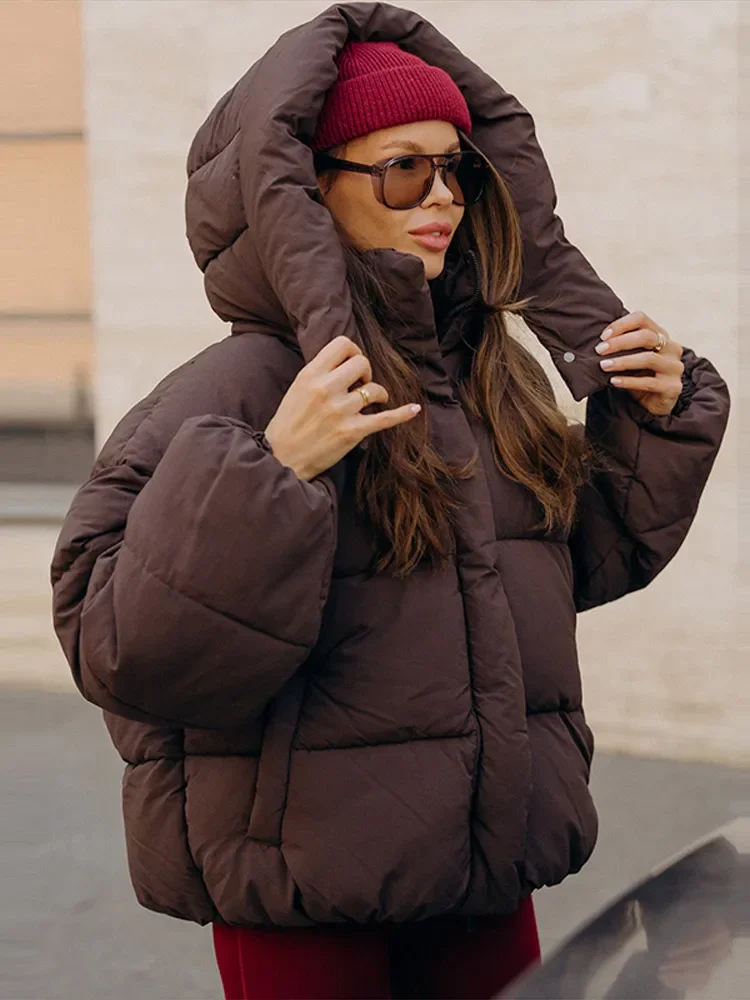 Damen-Wintermäntel mit Kapuze, Stehkragen, Taschen, gefütterte Jacken, Herbst-Damen-Laternenjacke mit langen Ärmeln, einfarbiger, voluminöser Mantel, neue Oberbekleidung. – Detail 8