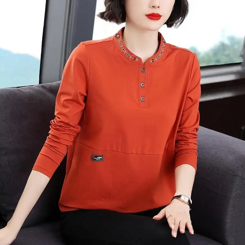 

Spring and Autumn Women's Solid Color Stand Collar Long Sleeve Slim Thin Button Embroidery Chic Pullovers Fashion Commute Tops