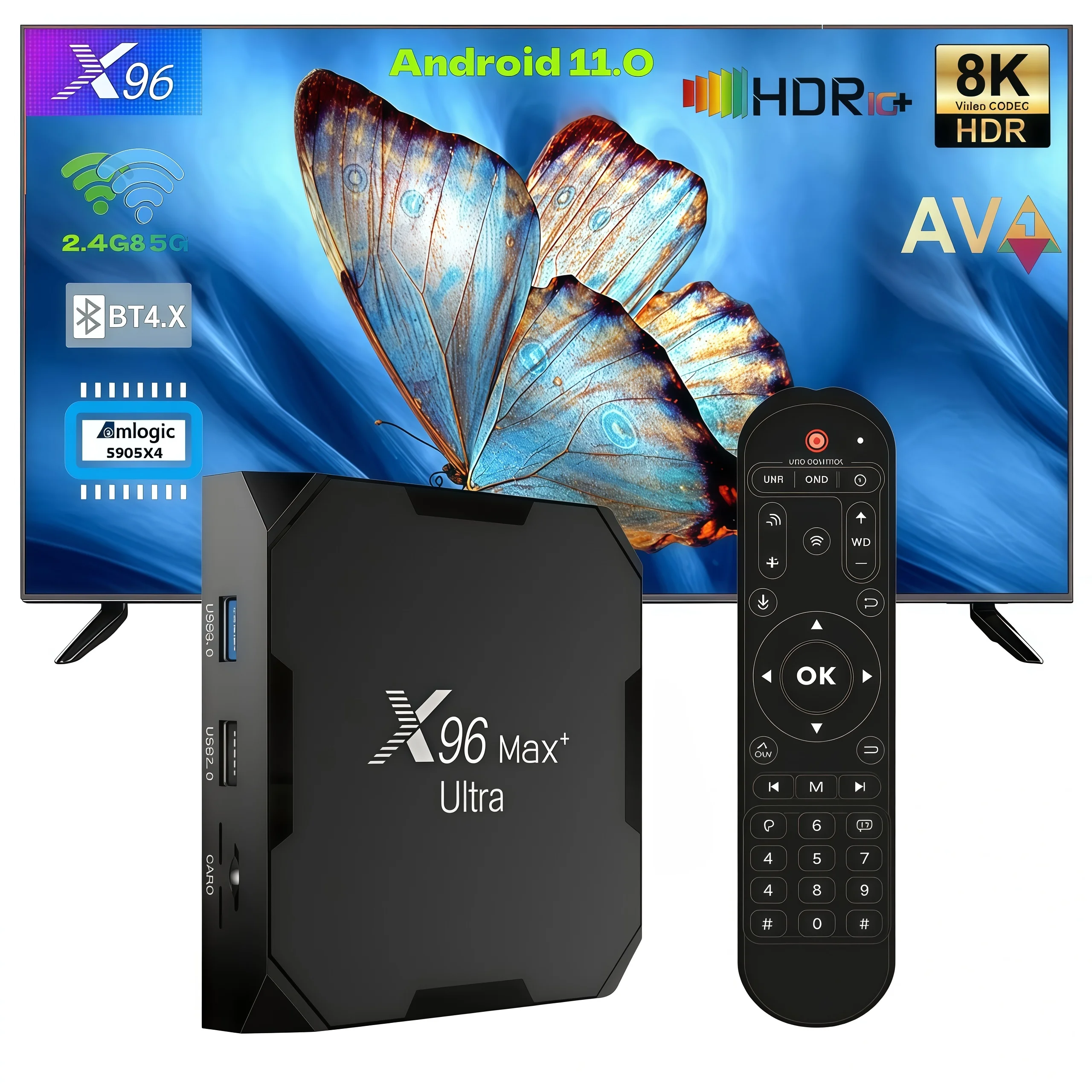 TV Box X96 Max+Ultra con Android 11, S905X4 Quad-Core, 4GB de RAM, 64GB de ROM, Decodificación 8K AV1, WiFi Dual 2.4G/5G, BT 4.0, USB 3.0, Reproductor Multimedia