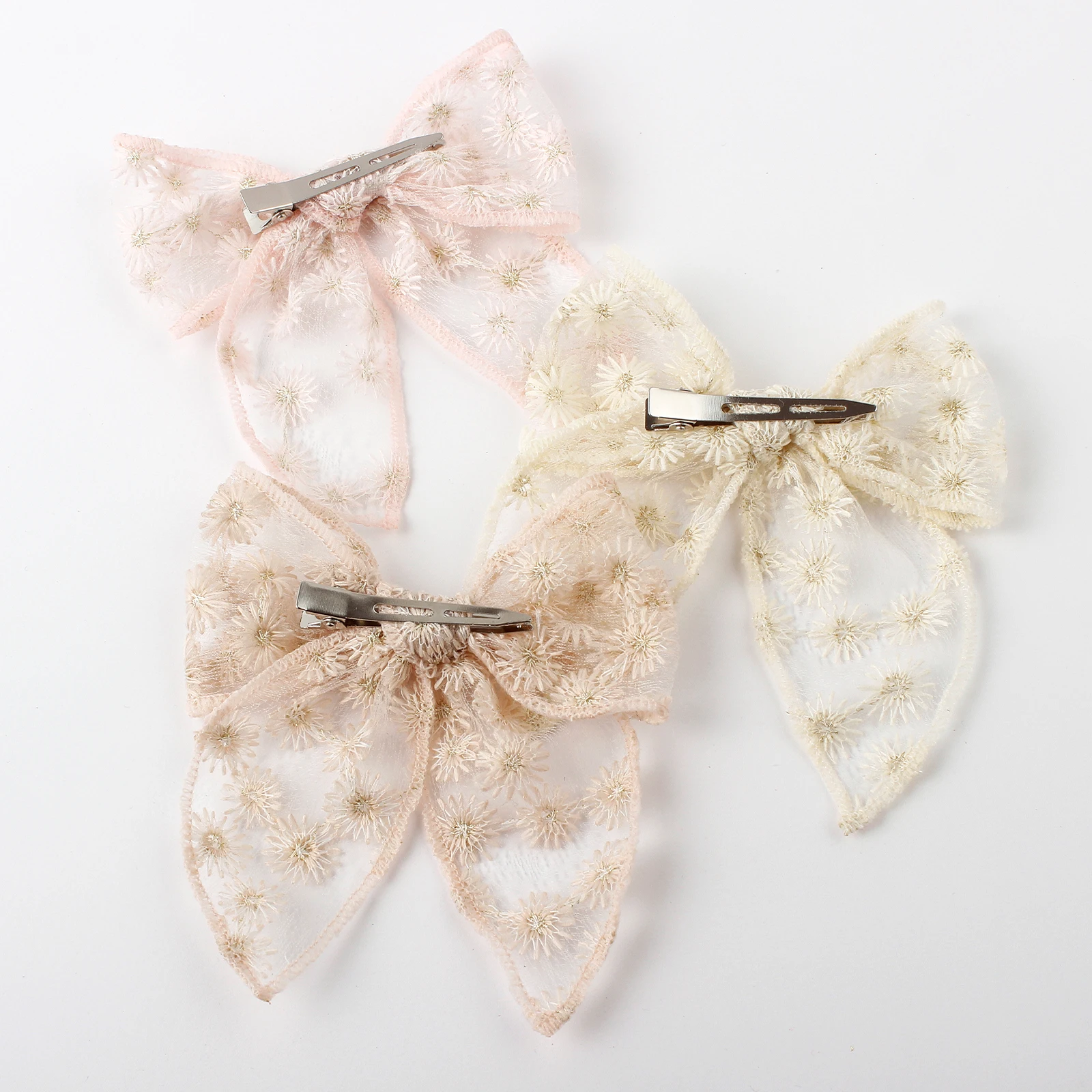 3pcs Kids Flower Embroidery Lace Bow Hair Clips Solid Color Elegant Ponytail Decor Hair Accessoreis For Girls