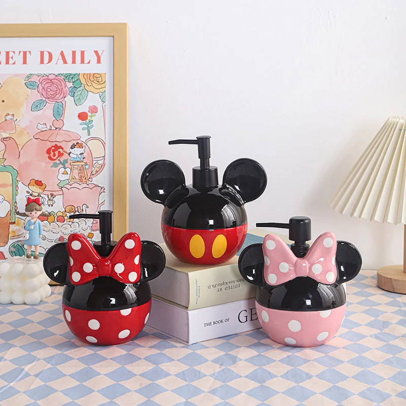 Kawaii Disney Anime Hobby Mickey Mouse Minnie Mouse Home Bathroom Cartoon Ceramic Press-Type Large Capacity Dispensing Bottle