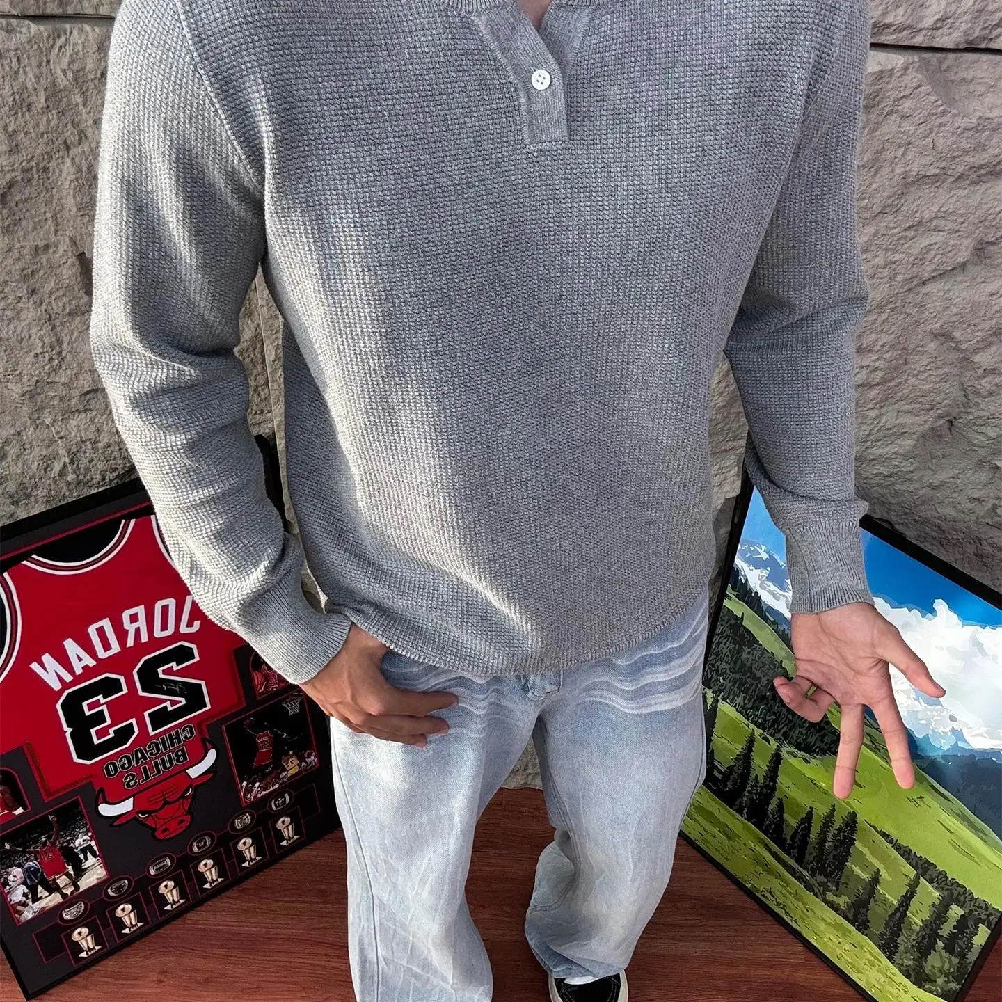 

Loose Fit Korean Sle Men's Knitwear Henry Collar Sweater Color Casual Faion Autumn Winter Warm Comfortable Long Sve