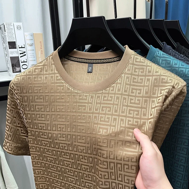T-shirt Jacquard à manches courtes et col rond pour hommes, à la mode, décontracté et confortable, polyvalent, toutes saisons, nouvelle collection 2025