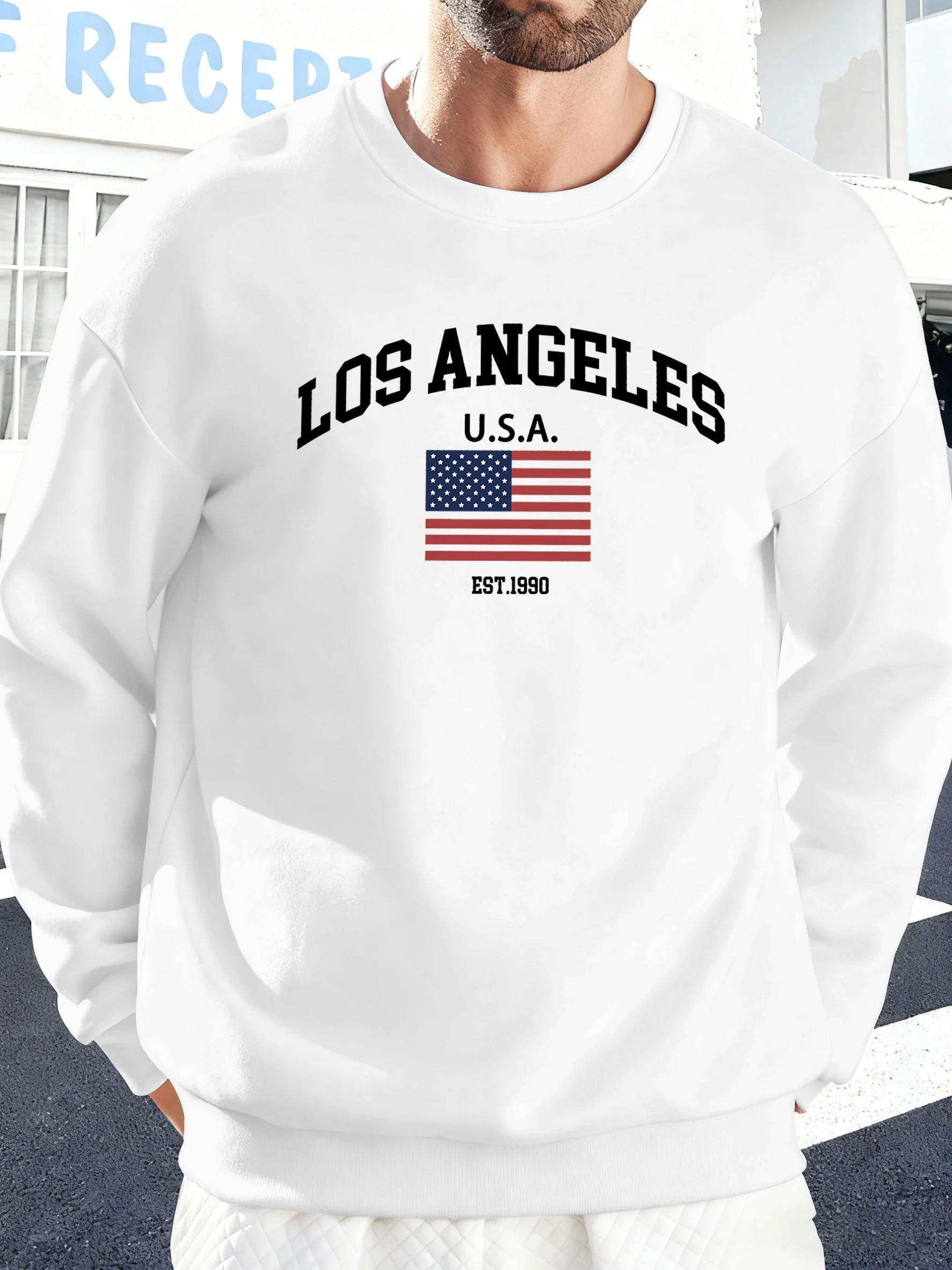 USA Est 1990 und Flagge Drucken Mode täglichen Pullover Männer Herbst lose Sweatshirt lässig Fleece Sportswear O-Ausschnitt All-Match-Kleidung