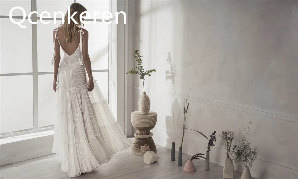 Qcenkeren Wedding Dresses V Neckline Spaghetti Straps A Line Women Bridal Gowns vestidos de mujer elegantes para fiesta boda