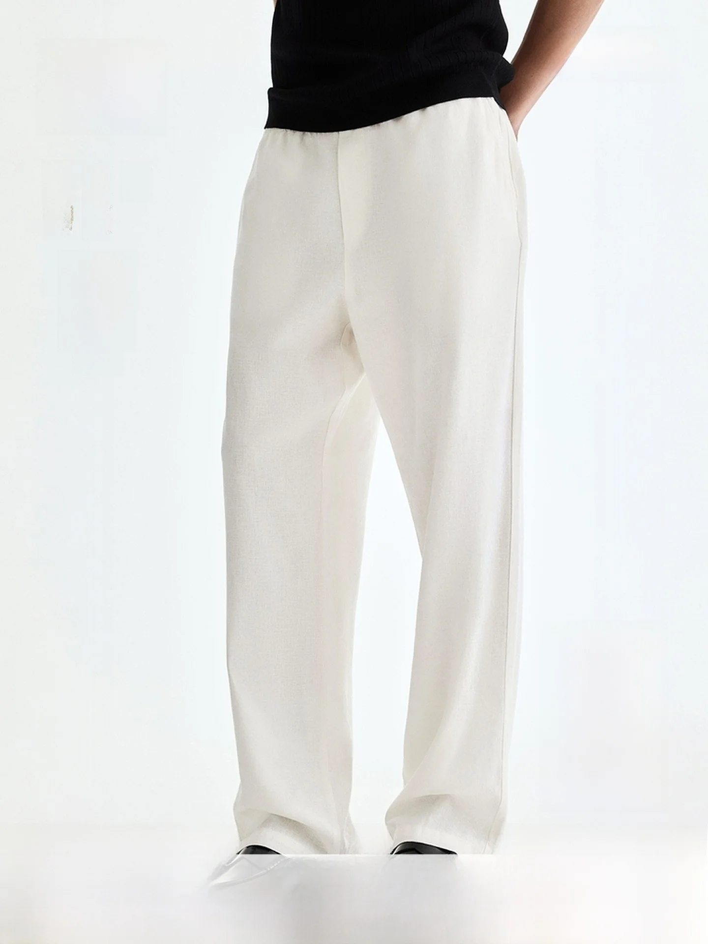 H&M Men's Casual Pants Summer New Linen Mixed Elastic Waist Loose Straight Leg Pants Comfortable Breathable Fashionable