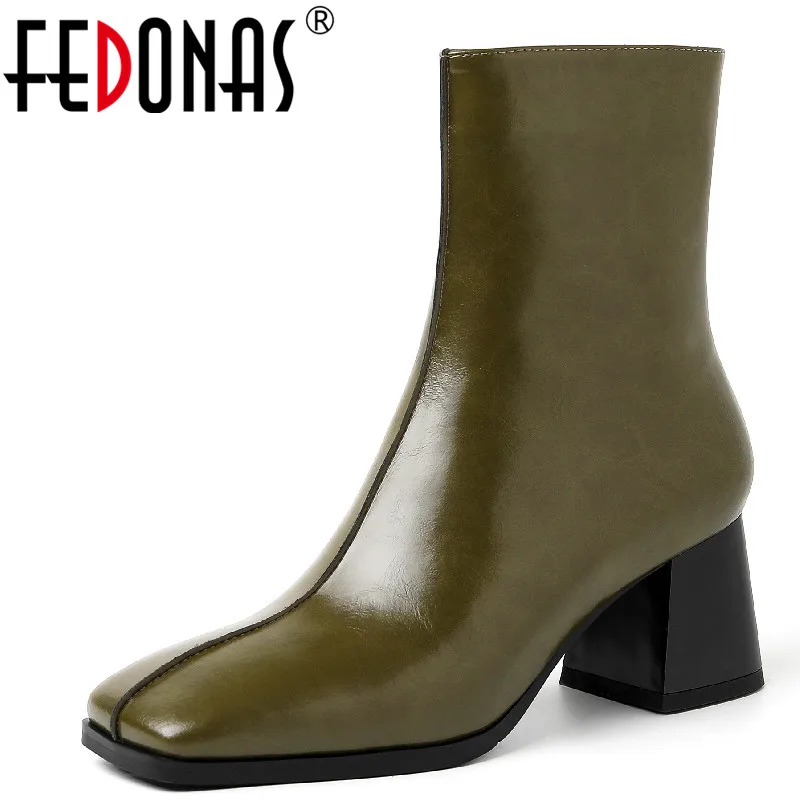 FEDONAS Classic Women Ankle Boots Square Toe Thick Heels Autumn Winter Genuine Leather Shoes Woman Fashion Concise Office Ladies