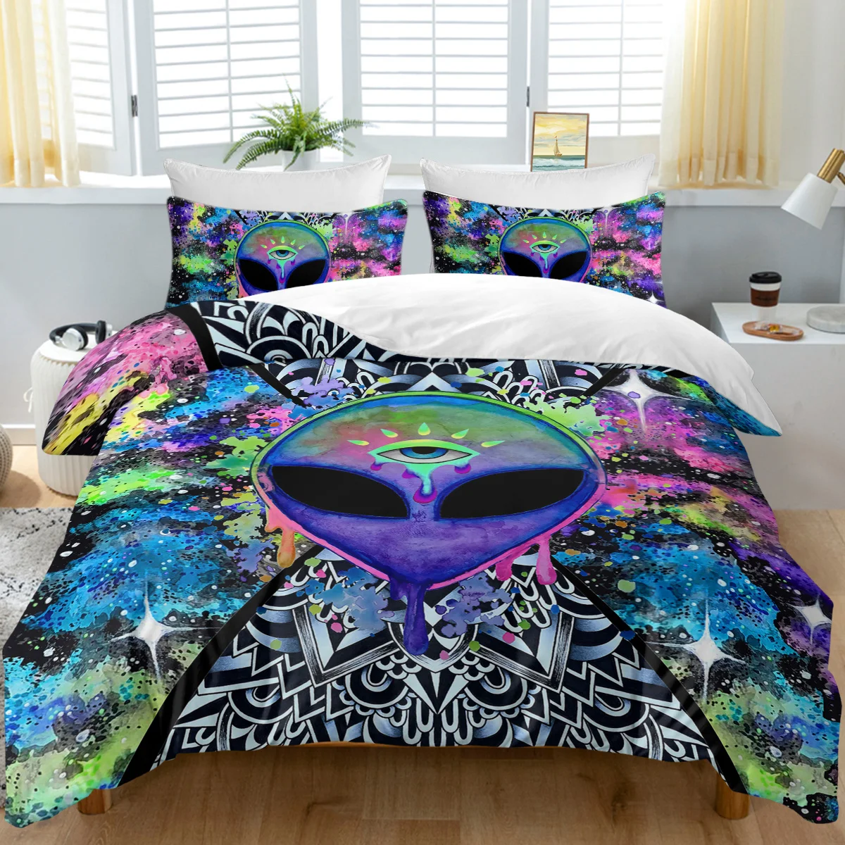 

3pc Special Alien with Eye on Forehead Design Bedding Set with Zipper Closure 1 Duvet Cover and 2 Pillow Cases