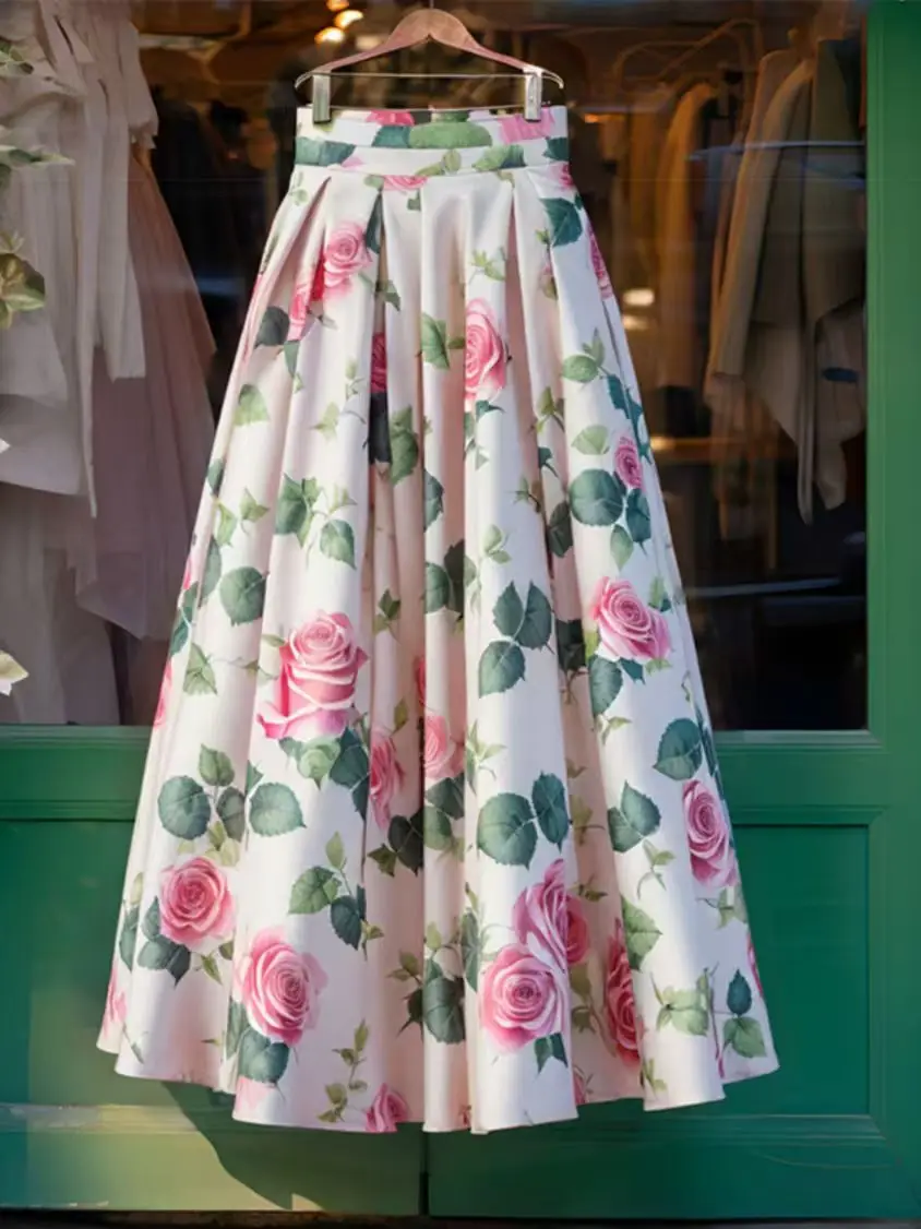 Korean Light Yellow Cute Floral Sweet Full Flowing Skirts Mid Length Pleated Skirt France Elegant Women Casual Vacation Dresses