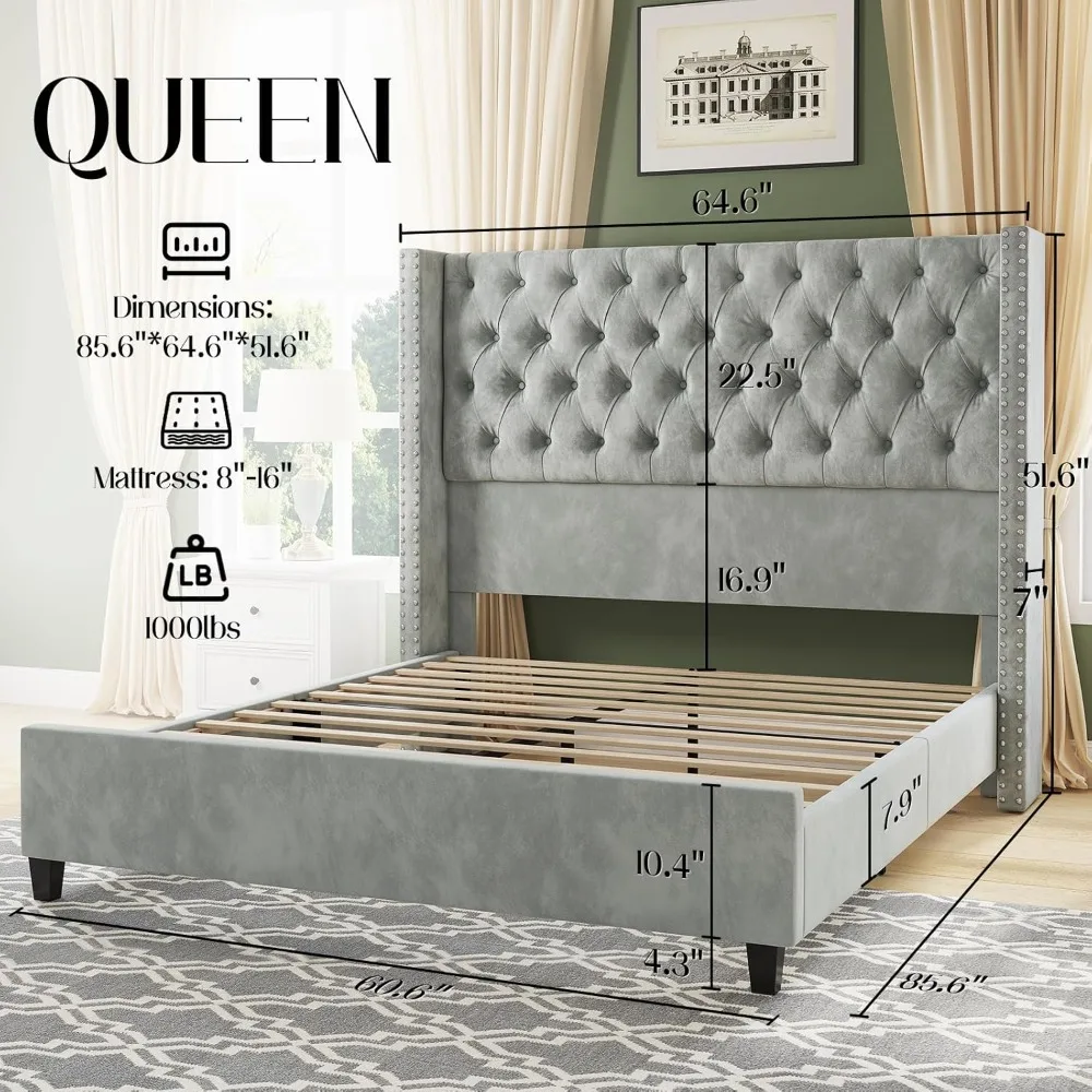 Queen Bed Frame, Velvet Upholstered Platform Bed with 51.6" Tall Wingback Headboard, No Box Spring Needed, Bed Frame