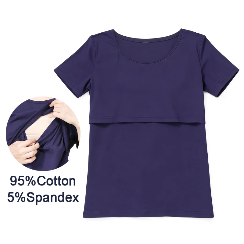 O-Neck Short Sleeve Maternity Nursing T-shirt Lift Up Double Layer Breastfeeding Soft Cotton Stretchy Casual Pregnancy Basic Top