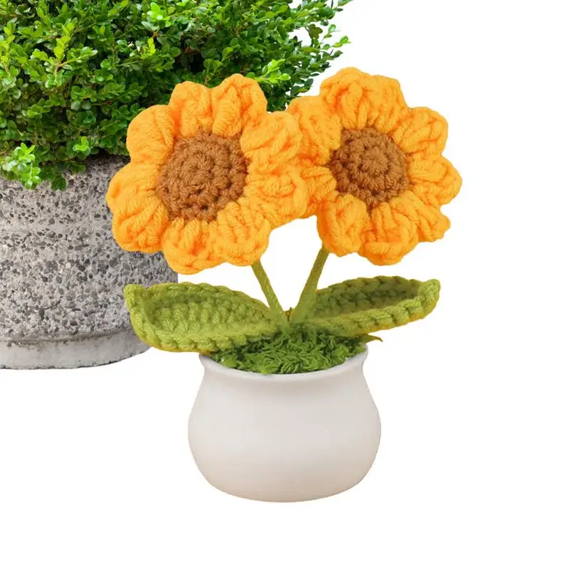 

DIY Hand-knitted Mini Potted Flowers Sunflower Crochet Flower Bouquet artificial Potted Flower Decor Table Office Decoration