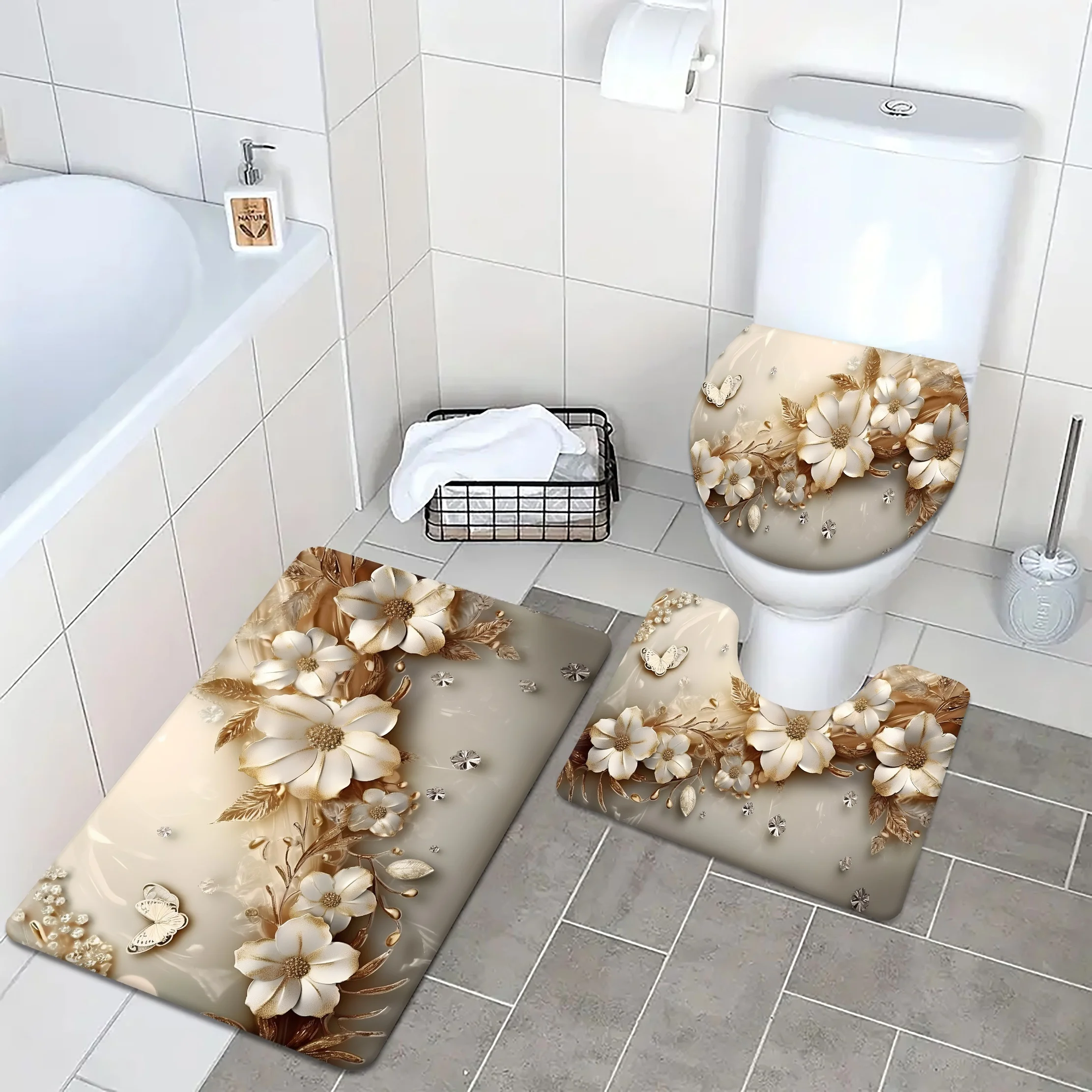 

Luxury Gold Flower and Diamond Bathroom Set - Soft and Non Slip Contour Mat, Toilet Lid, and Bath Mat for Elegant Home Decor