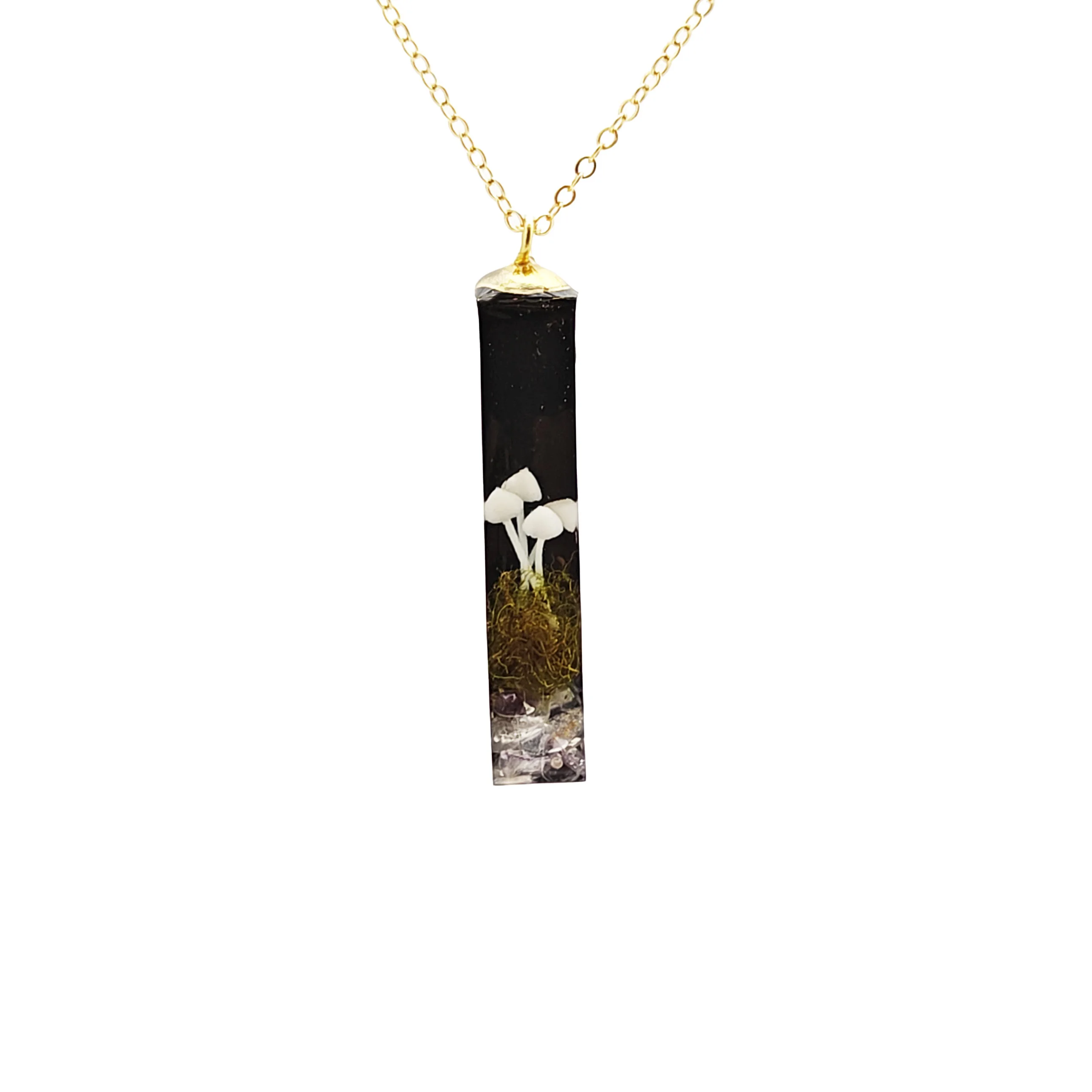 

Mushroom 3D Forest Landscape Black Cube Resin Pendant Gold Color Chain Long Necklace Women Fashion Jewelry Bohemian Handmade