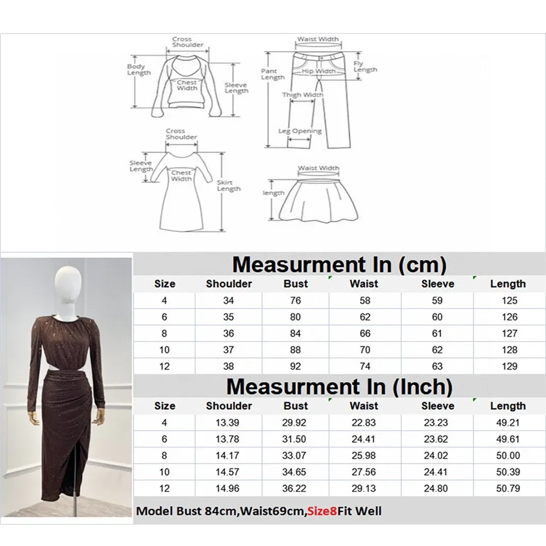 2022 New Collection Vintage Coffee Brown Slim Fit Cut Out Long Sleeve Diamonds Midi Dress