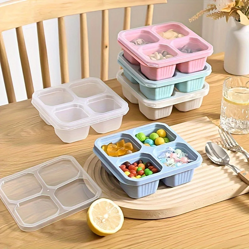 

1pc Anti-Odor Candy Box with Lid - 4 Grids for Snacks and Nuts - Wheat Straw Lunch Box for Adults and Teens - Hand Washable - Pe