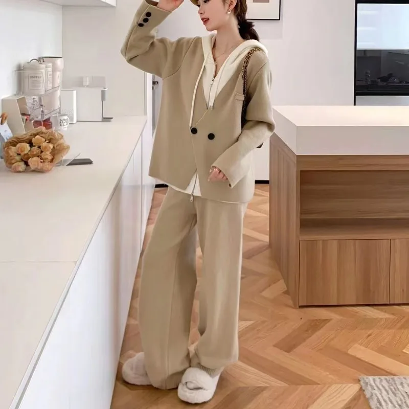 Korean Harajuku BF Style Fake Two-piece Knitted Set Women Outfit Autumn Winter Hooded Knitwear and Casual Wide Leg Pants Suits