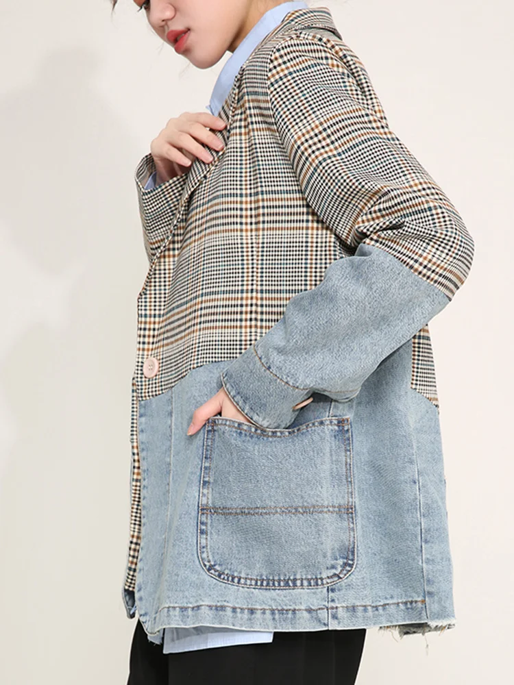 [EAM]  Women Blue Plaid Denim Big Size Blazer New Lapel Long Sleeve Loose Fit  Jacket Fashion Tide Spring Autumn 2024 1DD641005