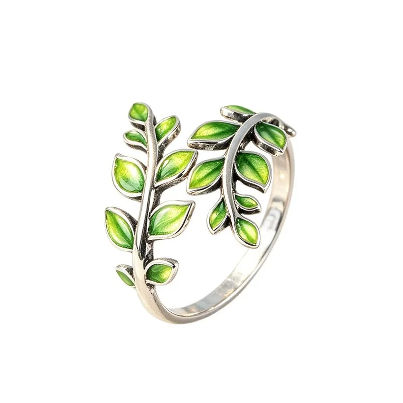 BF CLUB 925 Sterling Silber Ring für Damen, Schmuck, grüne Blattform, offener Vintage-Handarbeit-Ring, allergiefrei, für Party, Geburtstagsgeschenk – Detail 6
