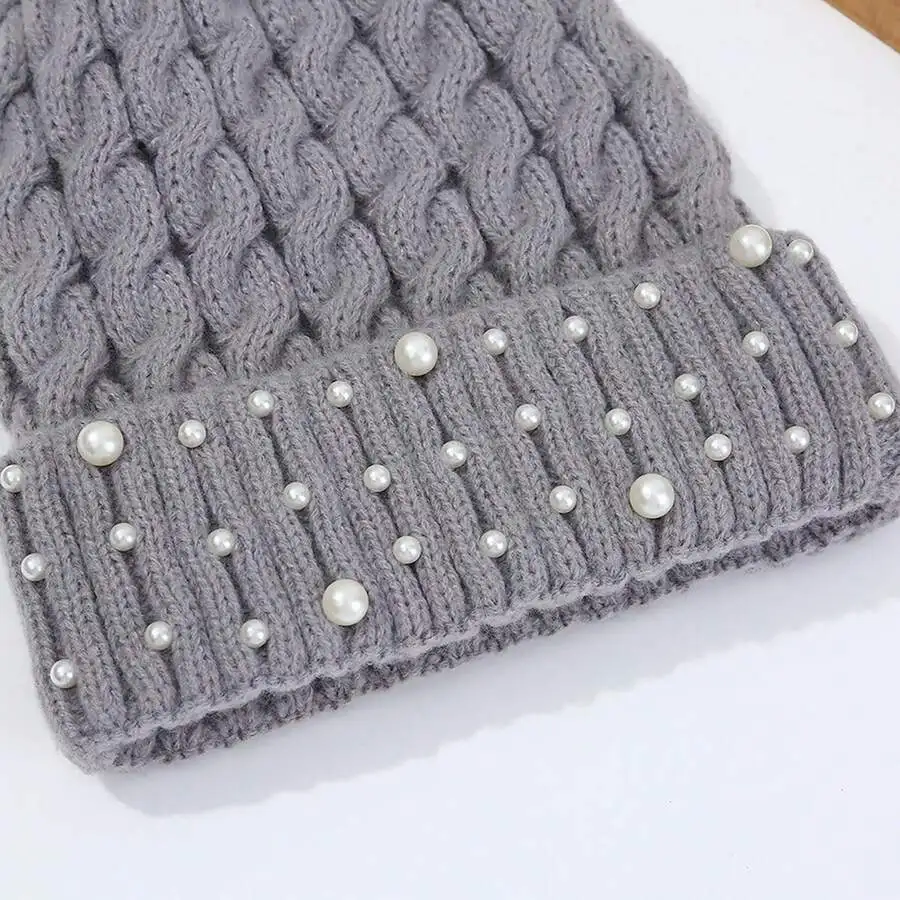 قبعة لؤلؤية للنساء شتوية دافئة متماسكة قبعة جمجمة ناعمة للأنشطة الخارجية #6