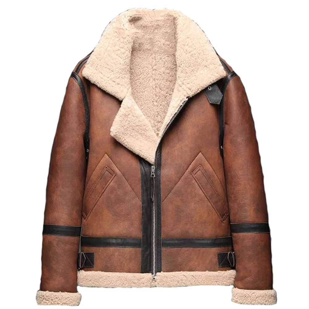 

Denny&Dora Mens Leather Jackets Shearling Sheepskin And Fur Coat Men Short Brown Leather Jacket