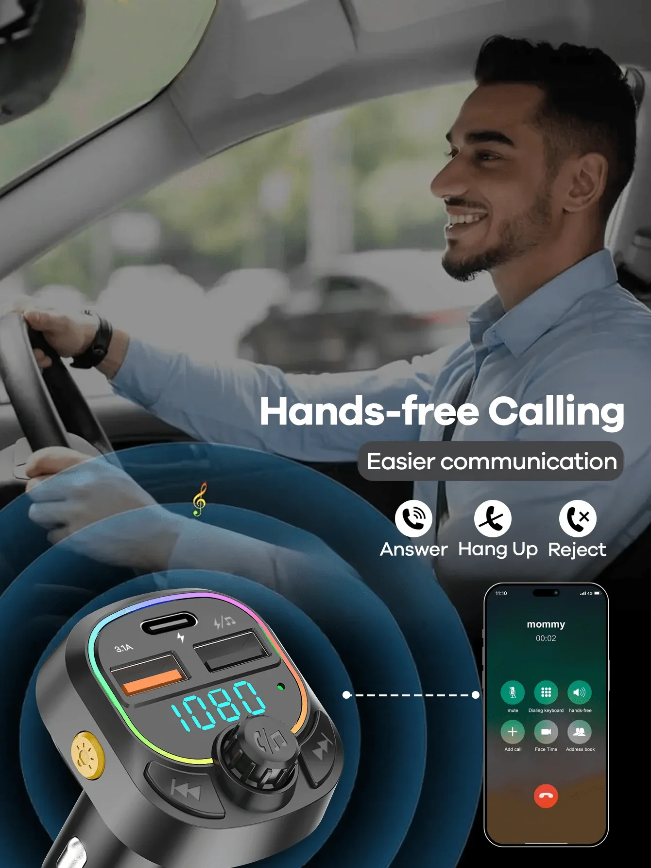 

Bluetooth Car Charger With RGB Lights Fast Charging Hub 3 Ports USB-A Type-C Built-In Mic Hands-Free Calling