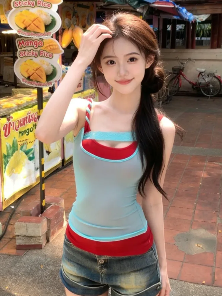 

American Style Spicy Girl Color Block Halter Top Women Summer Design Fake Two-Piece Layered Wear Slim Waist No-Sleeve Shirt