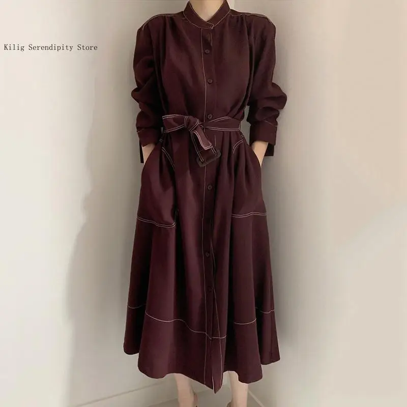 Korean Minimalist Elegant Stand Up Collar Bright Thread Single Breasted Loose Strap Windbreaker Dress