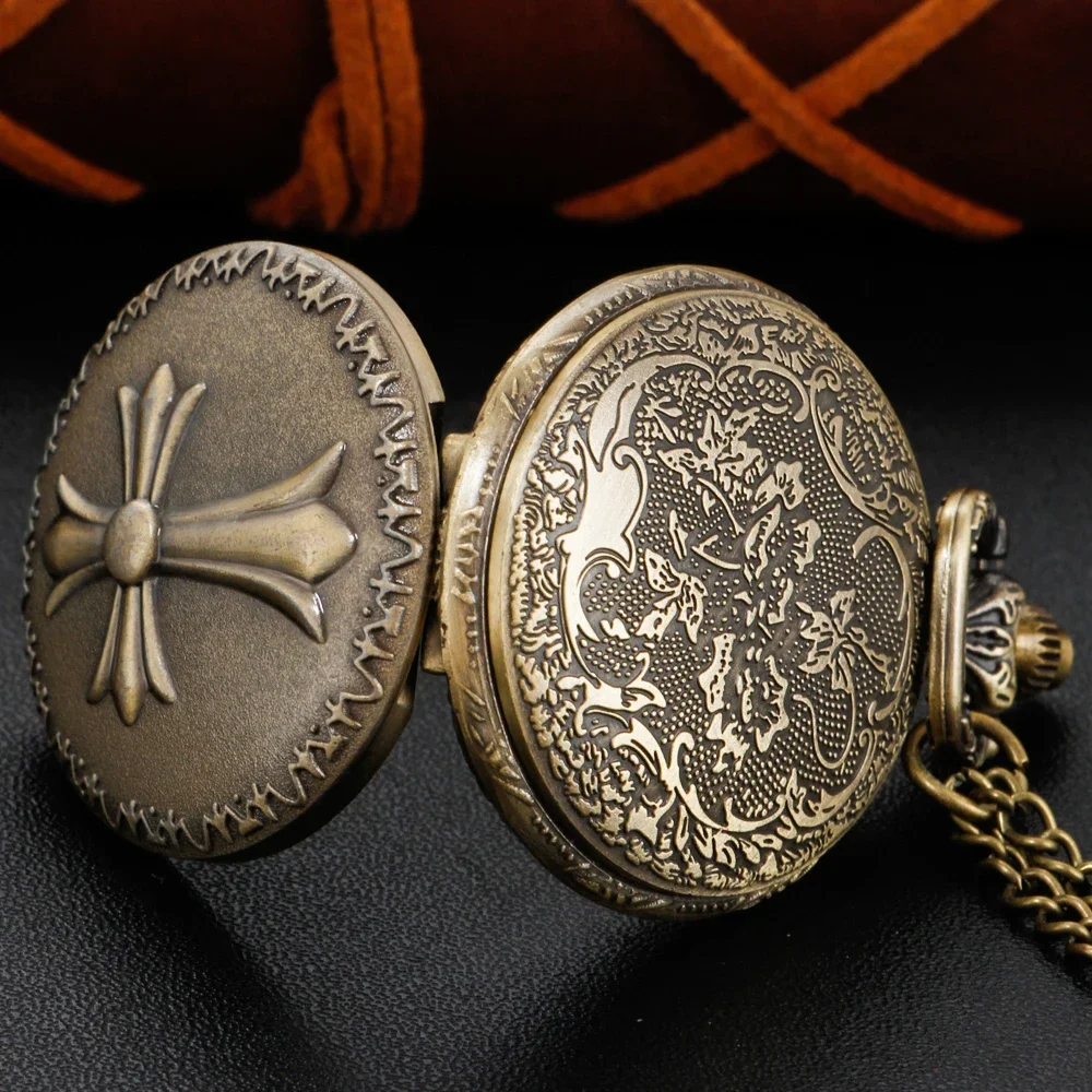 Vintage Bronze Bible Cross Believer Retro Time Quartz Pocket Watch Fashion Pendant Necklace Men's and Women's Accessories Gift