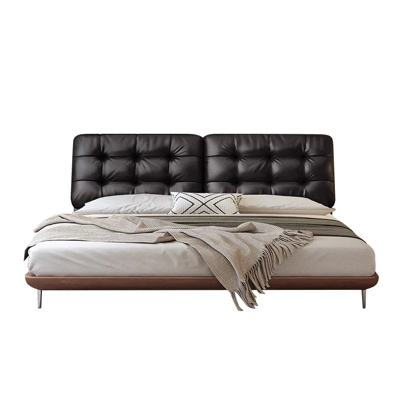 

Medieval leather bed, Italian simple black soft bag master bedroom bed